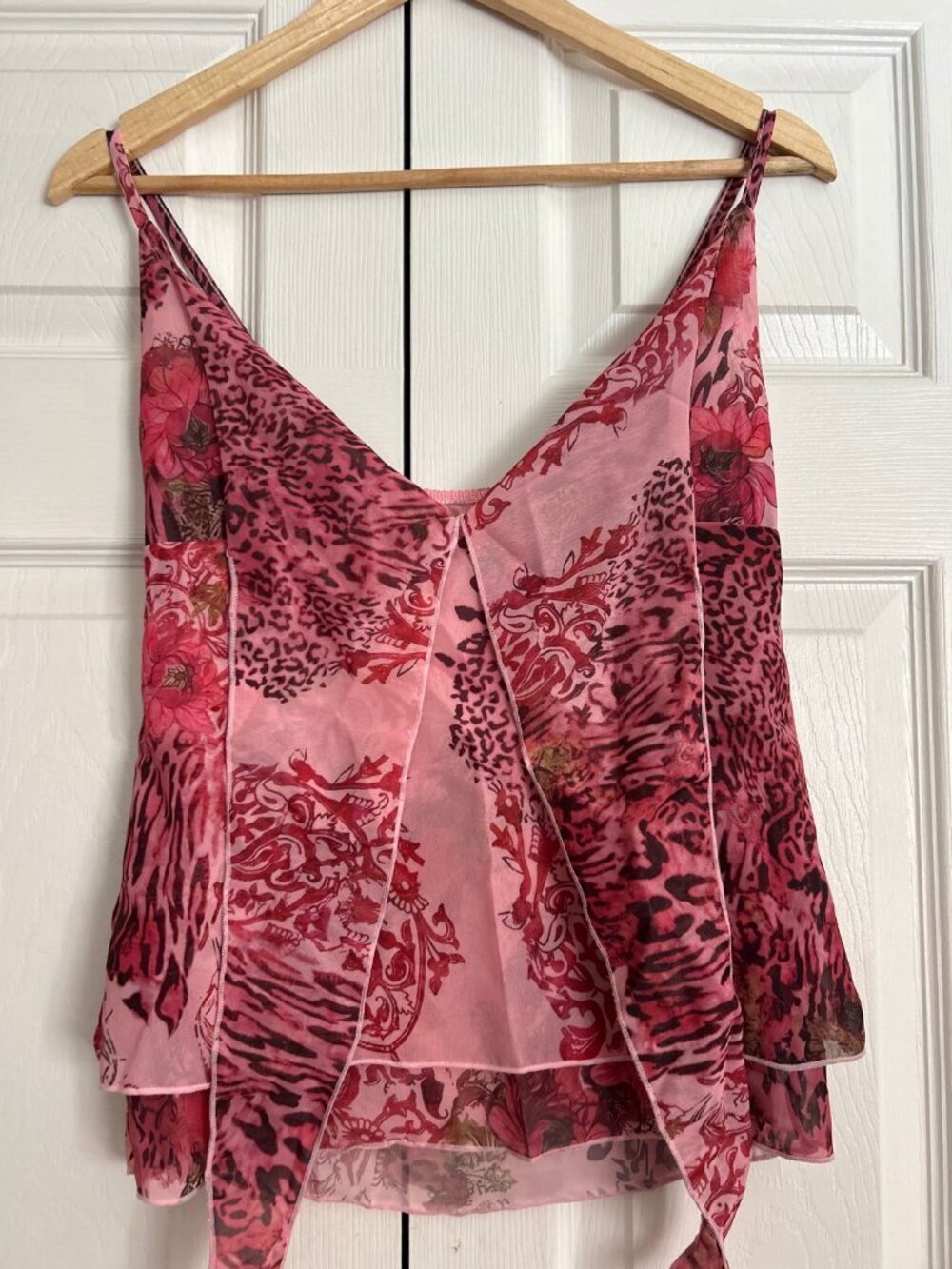 Y2K Patchwork Halter Top Pink Floral Leopard Double Layer Tie Straps Size M - Picture 3 of 6
